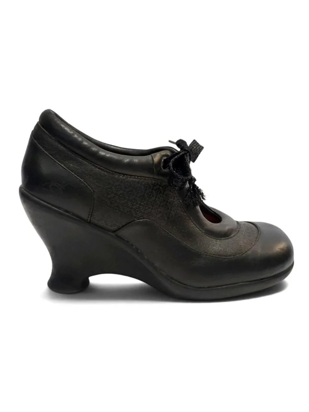 John Fluevog Friends Tillie Black Leather Mary Jane Wedge Shoes